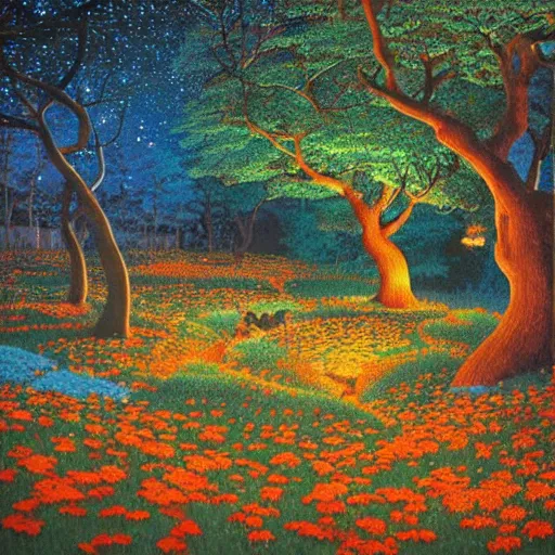 Prompt: an enchanted forest at night by Hiroo Isono