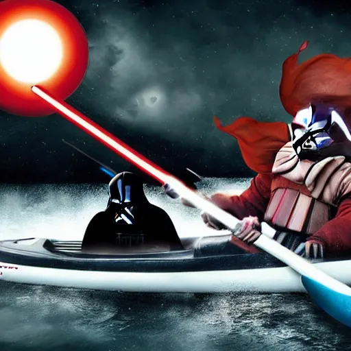 Image similar to pennywise the clown fighting darth vader on a kayak, photo, hyperrealistic, star wars, it