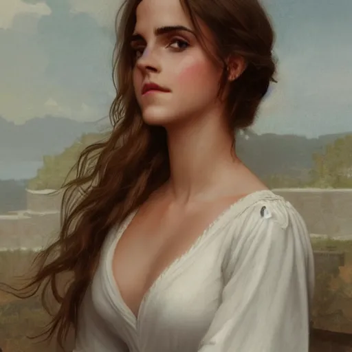 Prompt: emma watson, blonde pigrails, white dress, melissa fumero, traditional corsican, intricate, highly detailed, artstation, illustration, jurgens, rutkowski, bouguereau