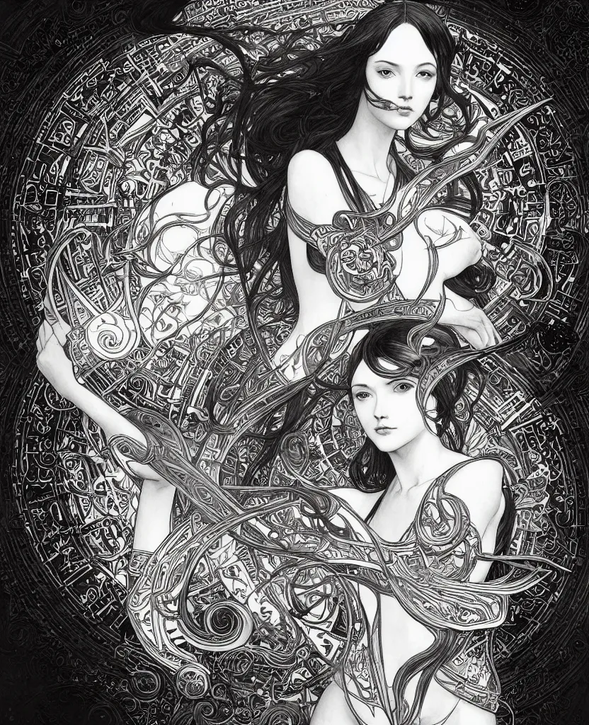 Prompt: black and white illustration of geometrical alchemical glyphs, deep focus, intricate, elegant, highly detailed, pen and ink style, artstation, concept art, matte, sharp focus, art by artgerm and greg rutkowski and alphonse mucha