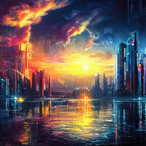 Image similar to beautiful cyberpunk cityscape, sun setting, volumetric clouds, painting by bob ross