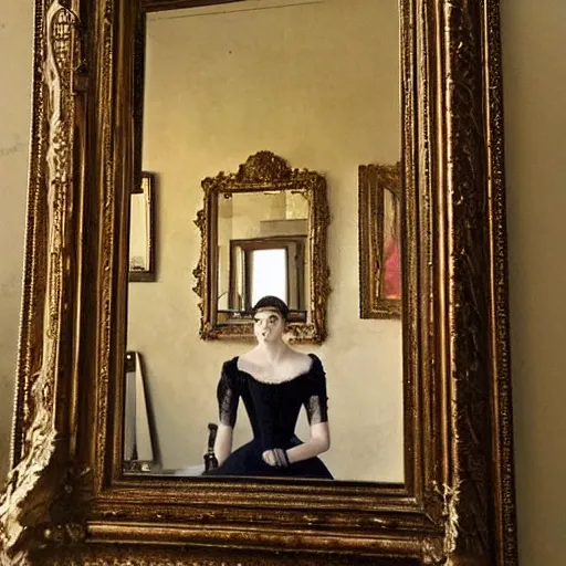 Prompt: a masterpiece painting of a beautiful victorian woman is frightened by her doppleganger in a mirror. she is in a long hallway of mirrors. elegant design, haunting atmosphere, dimly lit, gothic, horror style, realistic, low angle, 3 / 4 view.