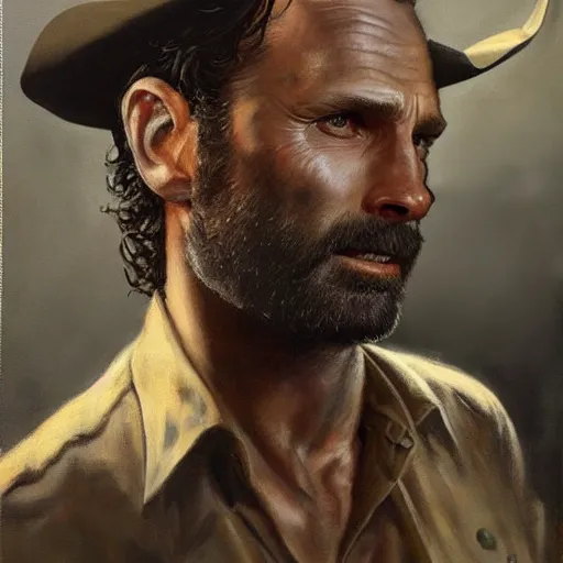 Image similar to ultra realistic portrait painting of rick grimes as a western outlaw, art by frank frazetta, 4 k, ultra realistic, highly detailed, epic lighting