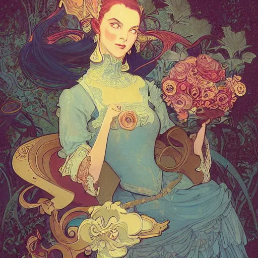 Image similar to portrait of a victorian era duc, princess girl, stylized illustration by peter mohrbacher, moebius, mucha, victo ngai, colorful comics style