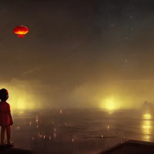 Image similar to a little girl watching hundreds of chinese sky lanterns in the night sky over a sci-fi space base, by Greg Rutkowski