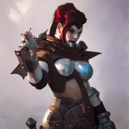 Image similar to greg manchess portrait painting of partially armored jinx from arcane as overwatch character, medium shot, asymmetrical, profile picture, organic painting, sunny day, matte painting, bold shapes, hard edges, street art, trending on artstation, by huang guangjian, gil elvgren, ruan jia, greg rutkowski, gaston bussiere