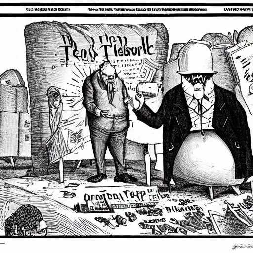 Prompt: a political newspaper cartoon by Gary Larson representing the Teapot Dome scandal, linework, surreal, stylized.