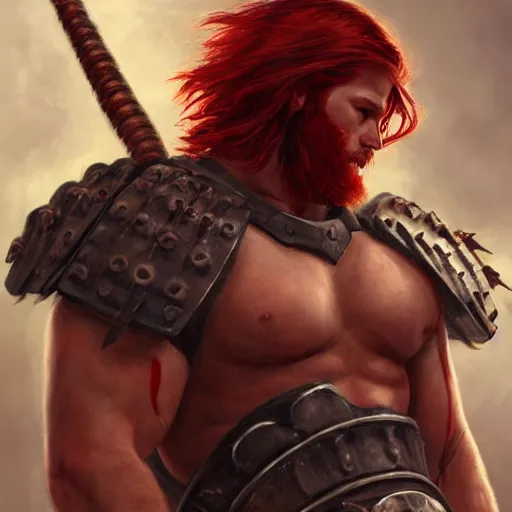 Prompt: bulky muscular scottish warrior with red hair, tribal blood paintings, waist plate armor, 4 k oil on linen by wlop, artgerm, andrei riabovitchev, nuri iyem, james gurney, james jean, greg rutkowski, highly detailed, soft lighting 8 k resolution