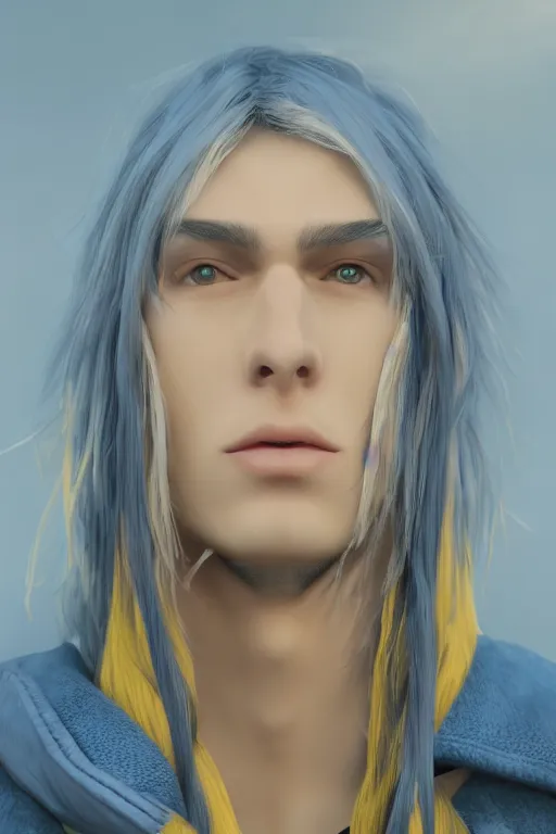 Image similar to a male teenager with long blue hair and yellow eyes wearing a winter overcoat, hyperrealistic, concept art, octane render, unreal engine 5, trending on artstation, high quality, 8 k, highly detailed, digital art, anatomically correct, symmetrical, realistic and defined face, profile picture, high coherence, path traced, beautiful, elegant clothes