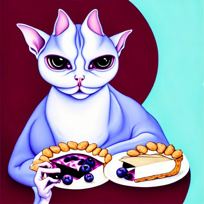 Image similar to a spherical anthropomorphic sphynx cat fursona with big eyes eating a slice of blueberry pie, round, fat, furry art, cute, oil on canvas, soft lighting