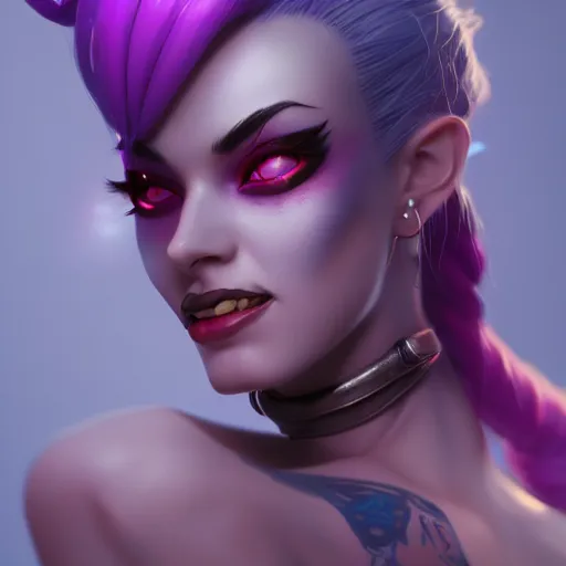 Image similar to Portrait of jinx from league of legends, anger, mystery, fear, highly detailed, beautiful, ominous vibe, smoke, octane render, cgsociety, artstation, trending on ArtStation, by Marie Magny