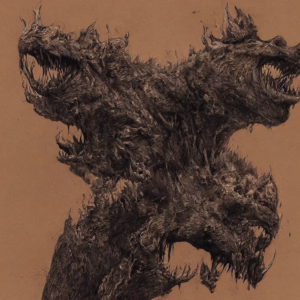 Image similar to demonic and deformed hyena, breathing fire out of its mouth, in the style of zdislaw beksinski