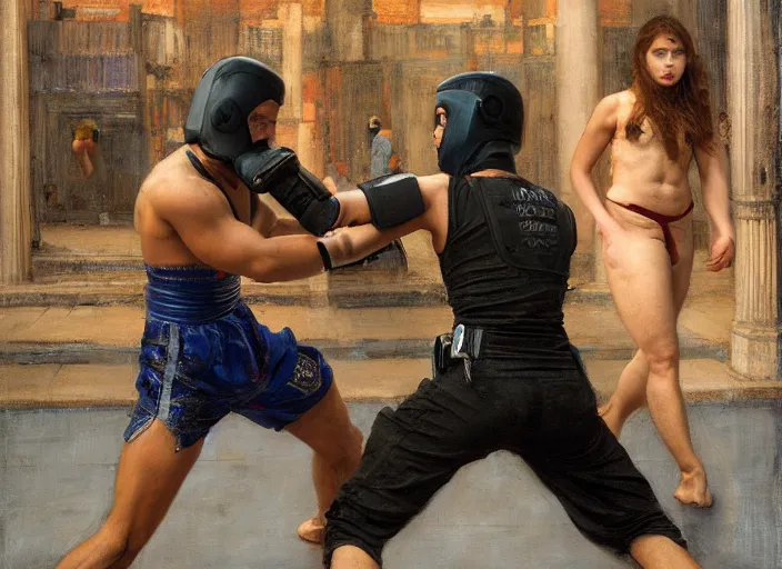Prompt: Maria trains sgt Nash. Cyberpunk kickboxer in orange jumpsuit fighting police troopers (blade runner 2049). beautiful face. kickboxing. Iranian orientalist portrait by john william waterhouse and Edwin Longsden Long and Theodore Ralli and Nasreddine Dinet, oil on canvas. Cinematic, hyper realism, realistic proportions, dramatic lighting, high detail 4k
