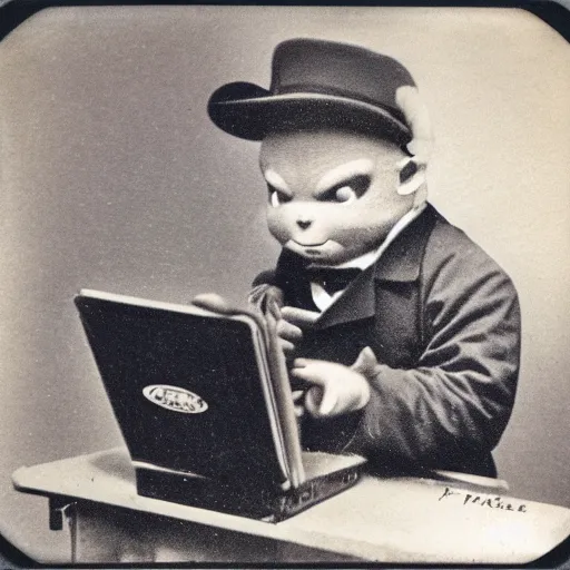 Image similar to old polaroid depicting pikachu from the 1 9 th century working at a modern day laptop