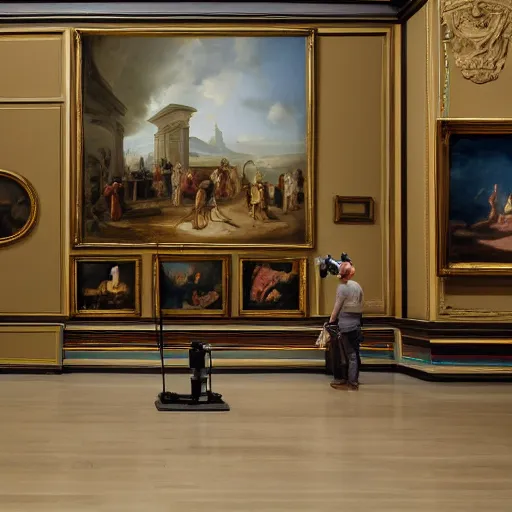 Prompt: a professional photo of a museum full of classical oil paintings. on the floor there is a cool robot holding a camera.