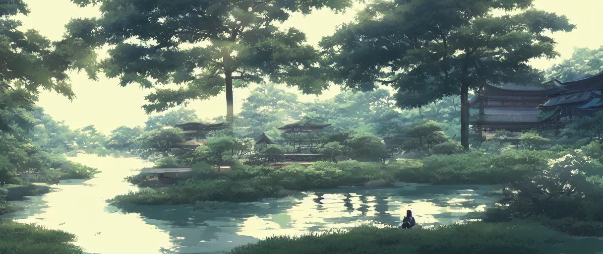 Prompt: a beautiful anime of a Japanese countryside, pagodas, small pond, style of Mokoto Shinkai, anime, trending on ArtStation.