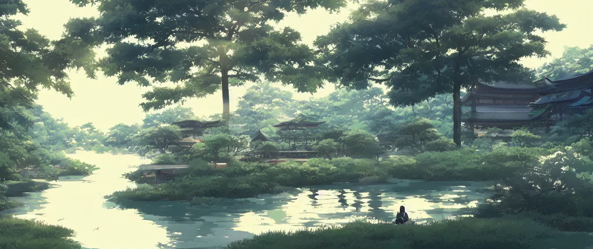 Image similar to a beautiful anime of a Japanese countryside, pagodas, small pond, style of Mokoto Shinkai, anime, trending on ArtStation.