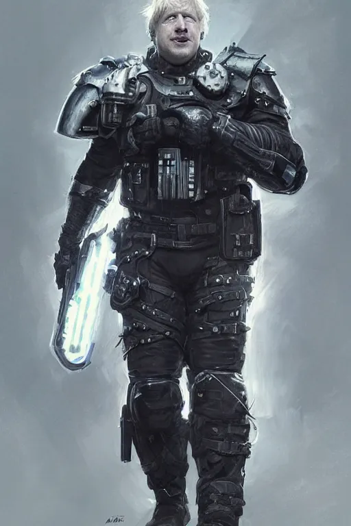 Image similar to Boris Johnson as Punisher, armor plate, realistic portrait, symmetrical, highly detailed, digital painting, artstation, concept art, smooth, sharp focus, illustration, cinematic lighting, art by artgerm and greg rutkowski and alphonse mucha