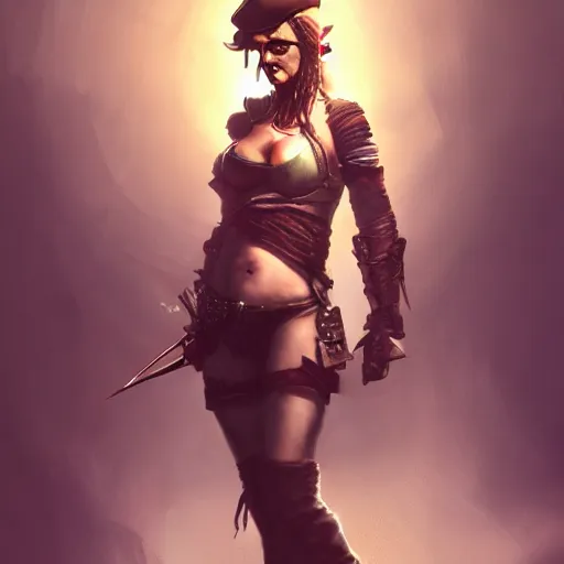 Image similar to full body concept art of a female pirate, airbrushed painting, stunning, featured on artstation, cinematic lighting, hyperdetailed, cgsociety, 8k, dramatic, dark atmosphere, alluring