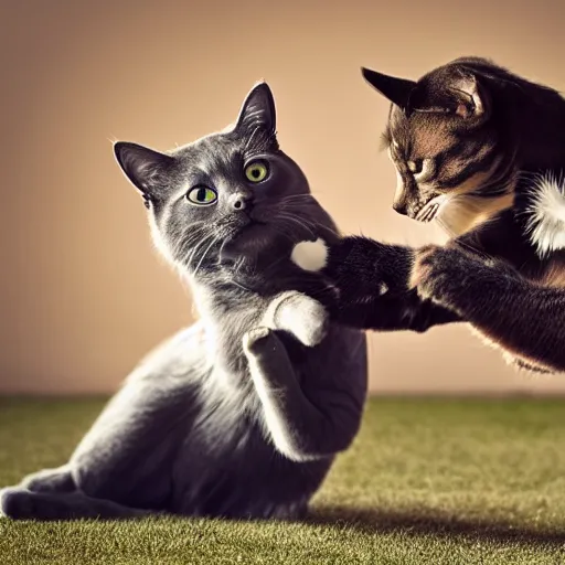 Image similar to a cat fighting a dog, professional photography