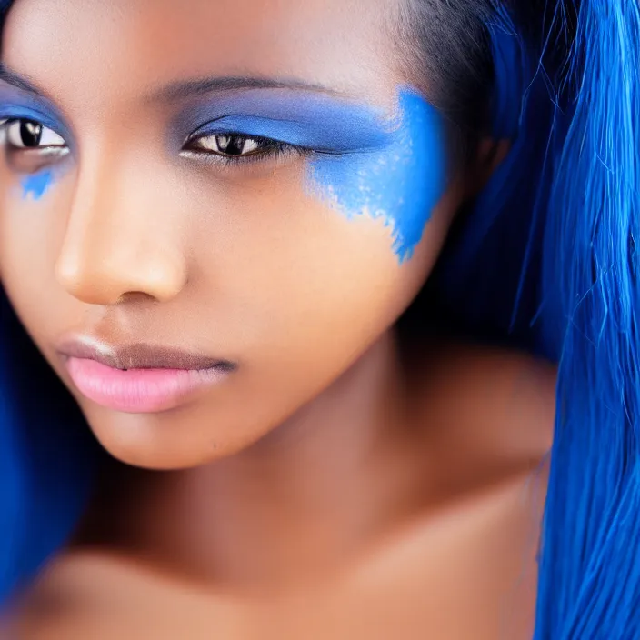 Prompt: photograph of a beautiful! woman with blue coloured skin skin!!!!!!!!!!. extremely detailed. dslr. 5 0 mm.