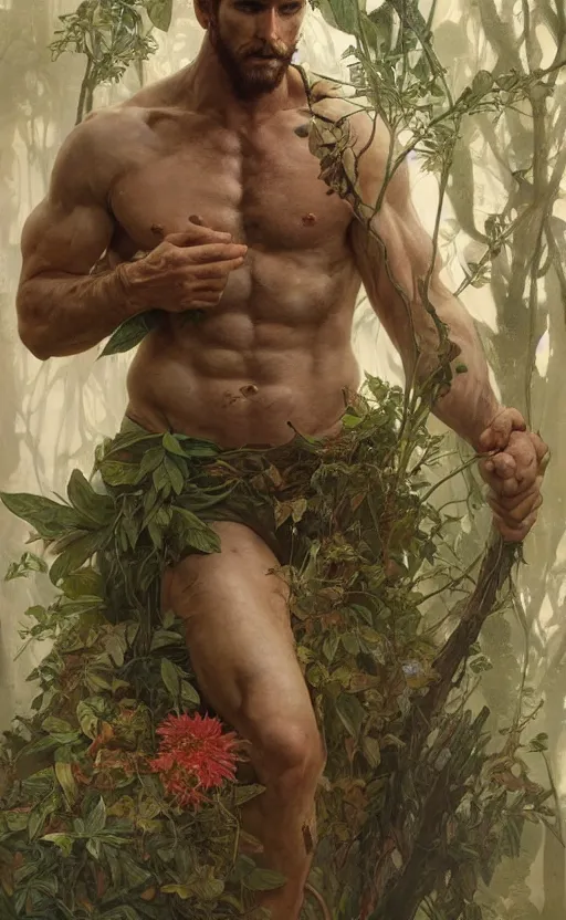 Image similar to god of the forest, 3 0 years old, rugged, handsome, male, detailed face, clean lines, atmospheric lighting, amazing, full body, thighs, flowers, muscular, intricate, highly detailed, digital painting, deviantart, concept art, sharp focus, illustration, art by greg rutkowski and alphonse mucha