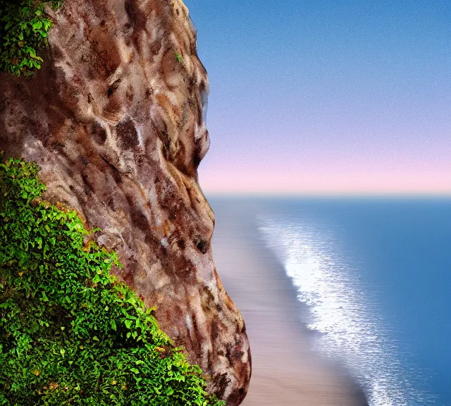 Image similar to a 4 k photorealistic photo of a girl sitting on a cliff overlooking a beach