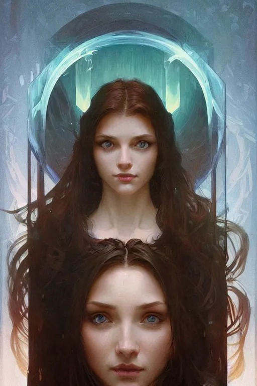 Image similar to bright cube above a portrait of a beautiful dark mystical woman, ice blue eyes, artstation, concept art, smooth, sharp focus, illustration, art by artgerm and greg rutkowski and alphonse mucha and william - adolphe bouguereau