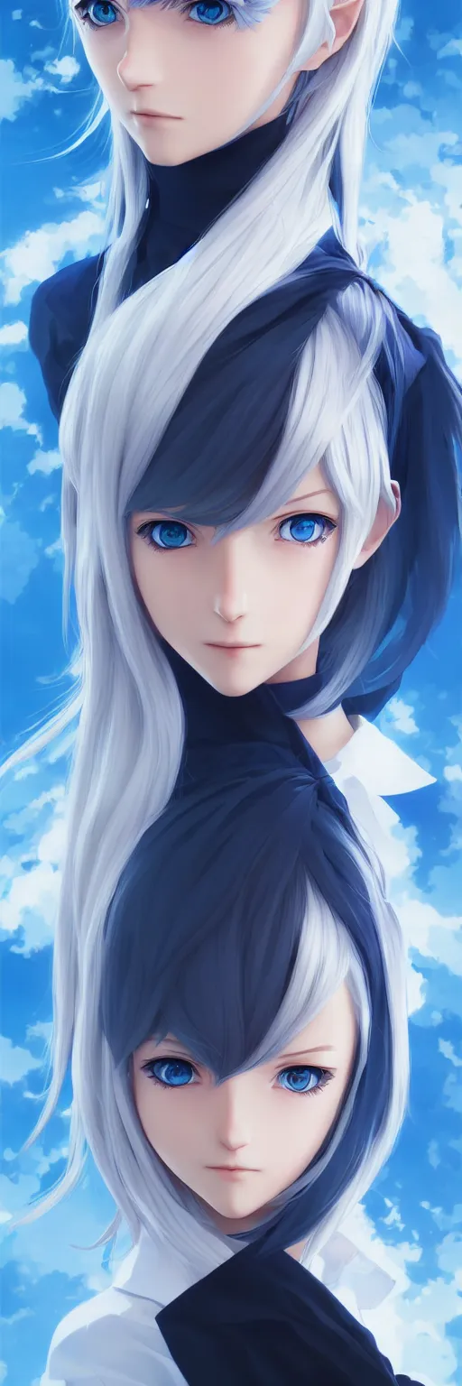 Image similar to high school girl split dimensions, azure blue eyes, silver hair, digital anime art, ilya kuvshinov, artgerm