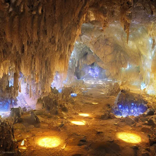 Prompt: a cave with huge glowing crystals in the walls and piles of bones on the floor, art by donato giancola and greg rutkowski, volumetric lighting, 4 k