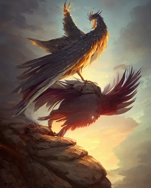 Prompt: an anthropomorphic phoenix warrior standing heroically on a rock. Adventurous, new adventure, forest, rocks, Phoenix Phoenix Phoenix, TWO WINGS, feathers, stream, ripples, atmospheric lighting, stunning, brave. By Makoto Shinkai, Stanley Artgerm Lau, WLOP, Rossdraws, James Jean, Andrei Riabovitchev, Marc Simonetti, krenz cushart, Sakimichan, D&D trending on ArtStation, digital art.