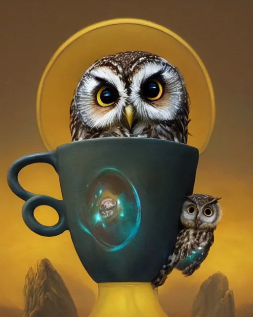 Image similar to long shot of a very cute owl chick nesting in a futuristic mug, esao andrews, humorous illustration, hyperrealistic, big depth of field, warm colors, whimsical cosmic night scenery, low light, 3 d octane render, 4 k, concept art, hyperdetailed, hyperrealistic, trending on artstation