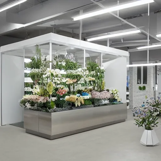 Prompt: flower shop design by white science labotory, made of stainless steel and glass