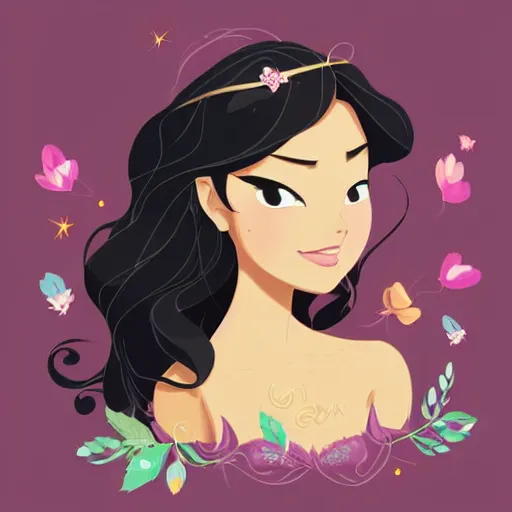 Prompt: beautiful woman with long black hair, tanned skin, hourglass figure, round face dressed as a disney princess. clean cel shaded vector art. shutterstock. behance hd by lois van baarle, artgerm, helen huang, by makoto shinkai and ilya kuvshinov, rossdraws, illustration,