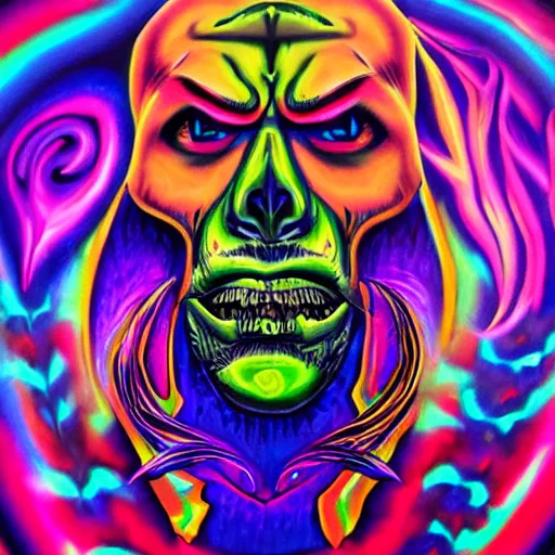 Image similar to psychedelic blacklight airbrush artwork of a stylized orc biker