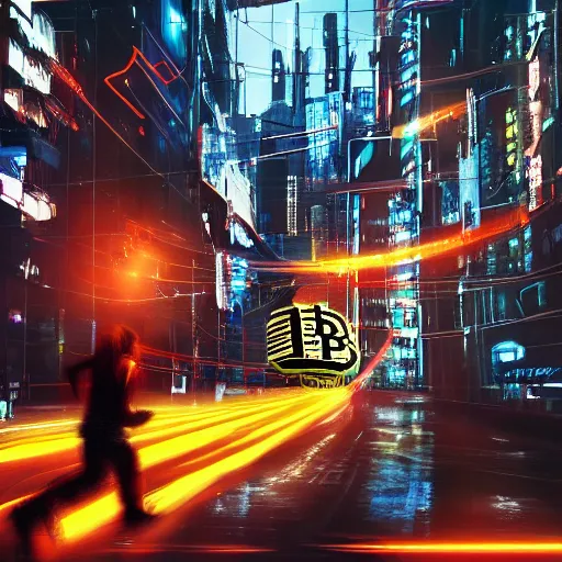 Image similar to people running away scared from bitcoin, bitcoin evil, cyberpunk art ultrarealistic 8k