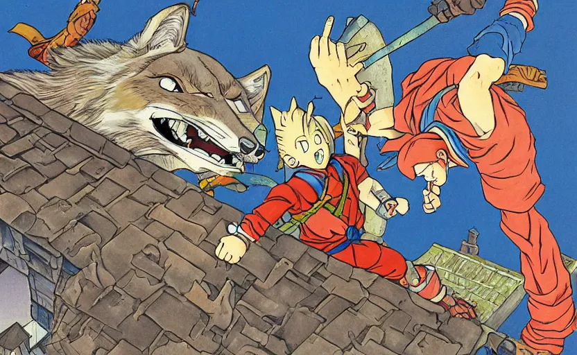 Image similar to a boy fighting a wolf on the edge of a clocktower, by akira toriyama gouache, print