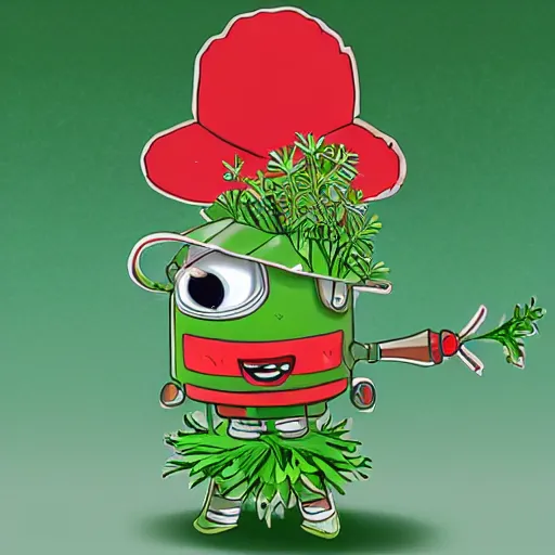 Image similar to cute robot made of plants wearing tomato hat and a chive sword, shoujo shuumatsu ryoku style