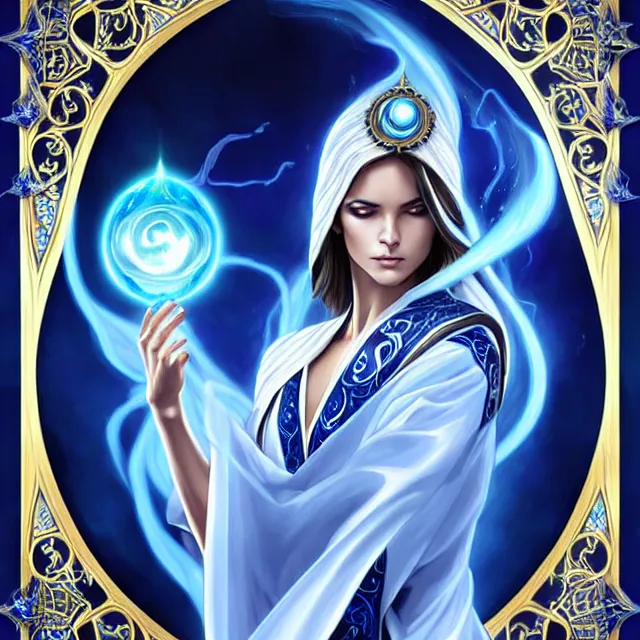 Image similar to beautiful!! elemental sky witch with intricate ornate blue and white robes and water powers artgerm anne stokes highly detailed 8 k hdr smooth sharp focus high resolution award - winning photo photorealistic