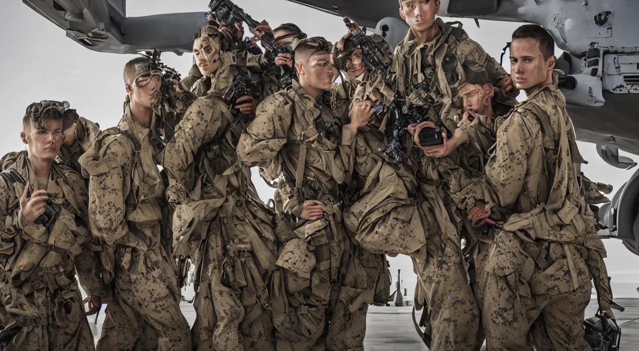 Image similar to us marines portrait, on aircraft carrier, highly detailed, fashion editorial, by jimmy nelson