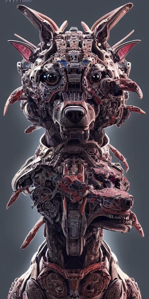Image similar to symmetry!! portrait of a hybrid robot cerberus hell hound, floral! horizon zero dawn machine, intricate, elegant, highly detailed, digital painting, artstation, concept art, smooth, sharp focus, illustration, art by artgerm and greg rutkowski and alphonse mucha, 8 k