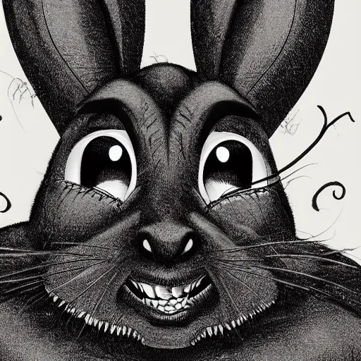 Image similar to A extremely highly detailed majestic hi-res beautiful, highly detailed head and shoulders portrait of a scary terrifying, horrifying, creepy black cartoon rabbit with scary big eyes, earing a shirt laughing in the style of Walt Disney