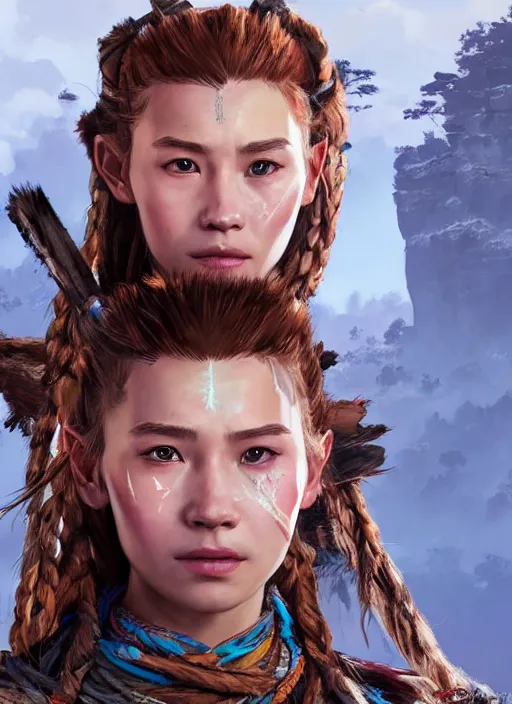 Image similar to very detailed concept art portrait of aloy from horizon zero dawn, detailed, sharp