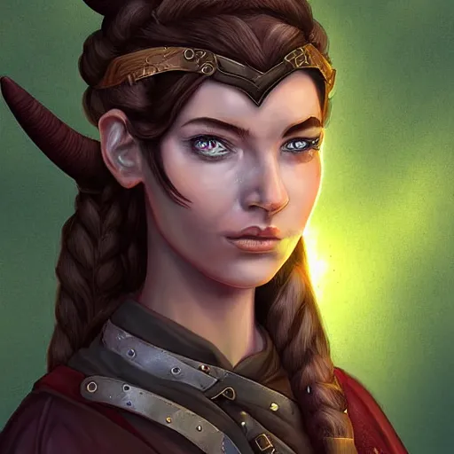 Prompt: a long shot portrait of a young female tiefling ranger, highly detailed digital painting dramatic