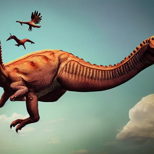 Prompt: A hyper realistic photo of a baby girl flying on a dinosaur