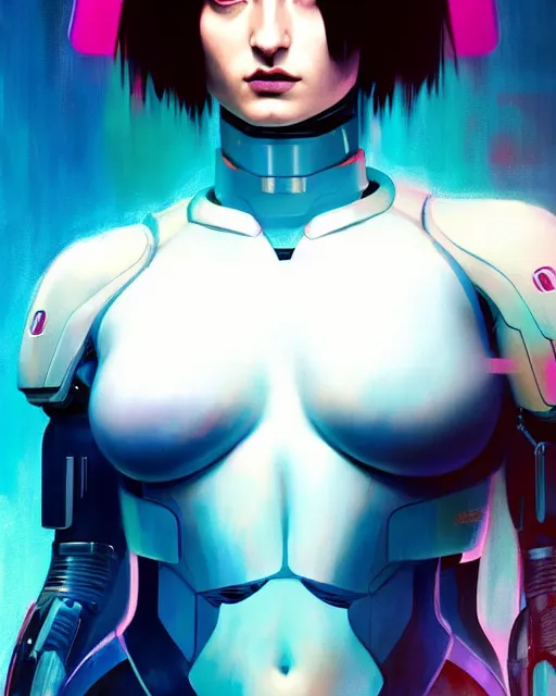 Image similar to electric blue short haired cyborg muscular sophie turner in ghost in the shell poster, sensual pose, artgerm, jeremy lipkin, fine detail!!