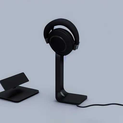 Image similar to wireless headphone stand, futuristic, techno, cyberpunk, product design, render, concept, fun, cute