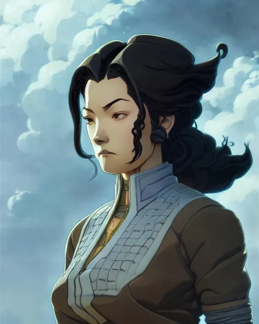 Image similar to asami from the legend of korra, character portrait, portrait, close up, concept art, intricate details, highly detailed by greg rutkowski, michael whelan and gustave dore