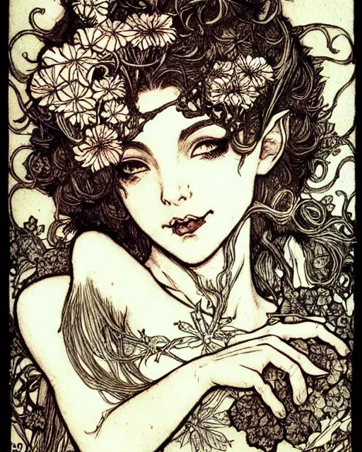 Image similar to burlesque elf, flowers in hair, fantasy character portrait, ultra realistic, concept art, intricate details, art nouveau, japanese woodblock, cinematic, highly detailed by arthur rackham