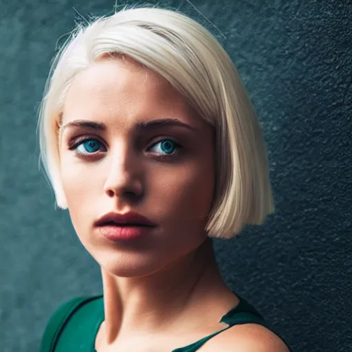 Prompt: A beautiful woman with platinum blonde hair and green eyes and no makeup, full body portrait, highly detailed, excellent composition, dramatic lighting, realistic 4k